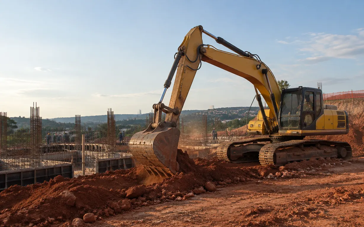 Escavadeira hidráulica escavando terra numa obra
