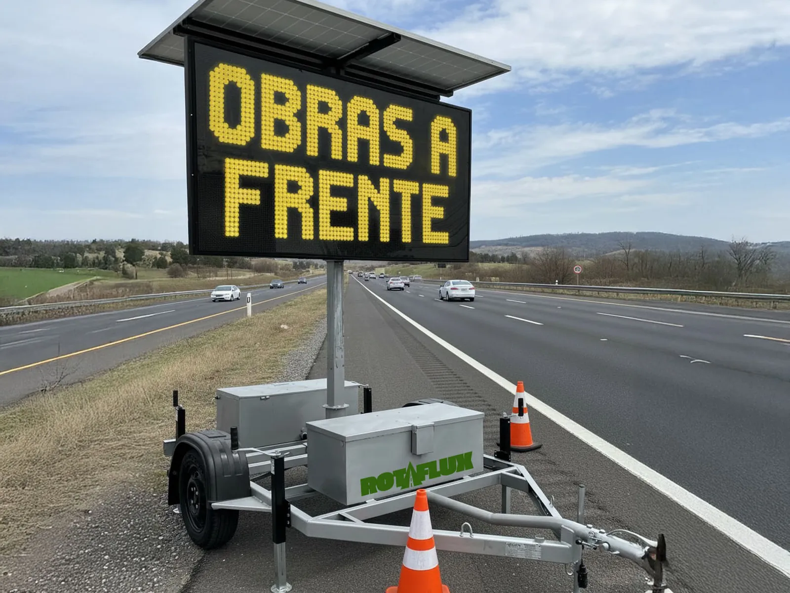 Painel de mensagem variável rebocável da Revlo em acostamento de rodovia exibindo OBRAS A FRENTE