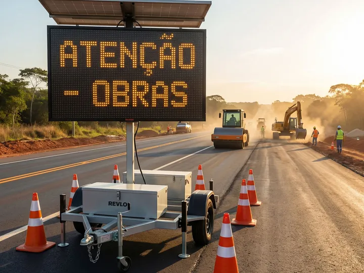 Painel de mensagem variável rebocável em obra de pavimentação