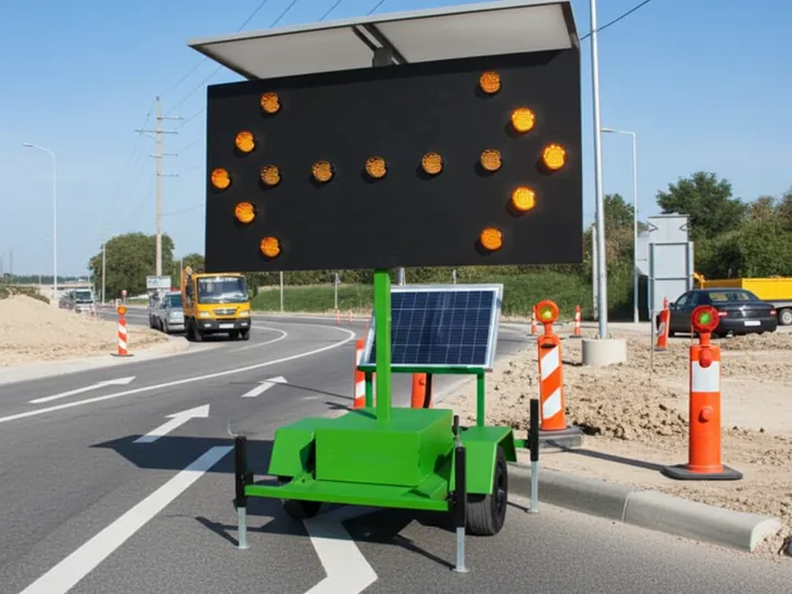 Painel com seta luminosa acesa indicando desvio de faixa