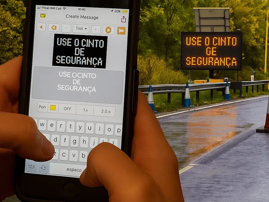 Técnico programando a mensagem do painel pelo celular
