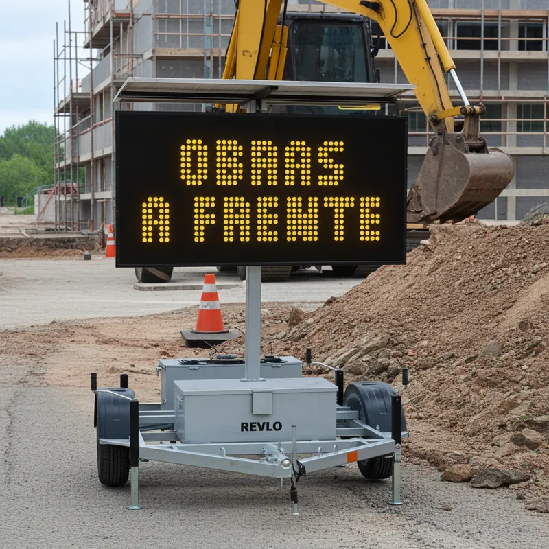 Painel de mensagem variável em obra, com escavadeira ao fundo