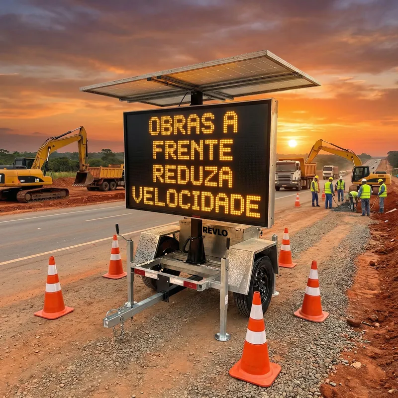 Painel de mensagem variável em obra rodoviária ao entardecer