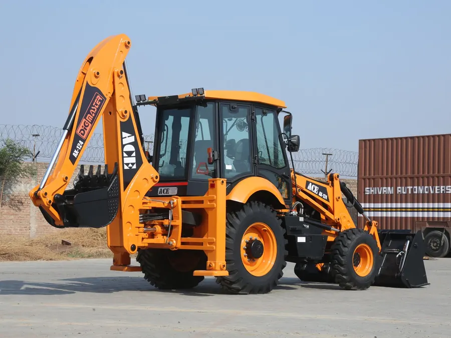 ACE AX 124 backhoe loader on a sunny day at Faridabad construction site.