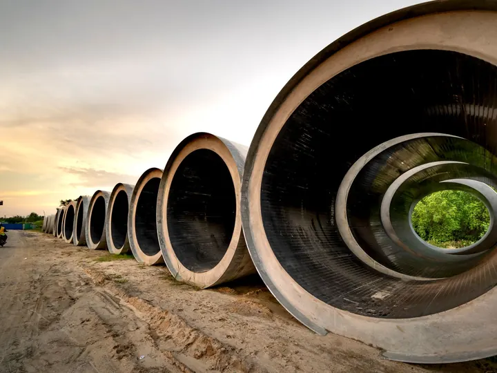 Massive concrete pipes aligned at a construction site during sunset, showcasing an industrial landscape.
