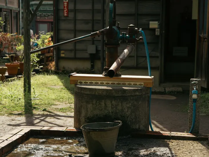 A classic water pump in a serene Tokyo garden setting, capturing rustic charm.
