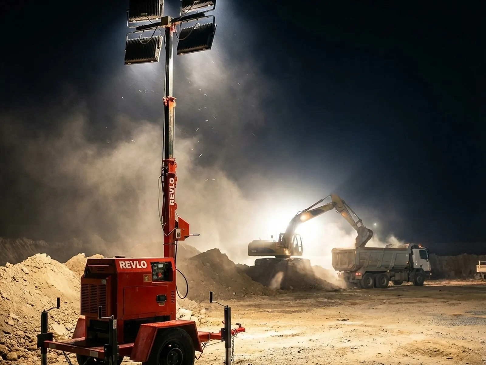 Torre de iluminação Revlo RV 4000 acesa em frente de serviço noturna, com escavadeira ao fundo