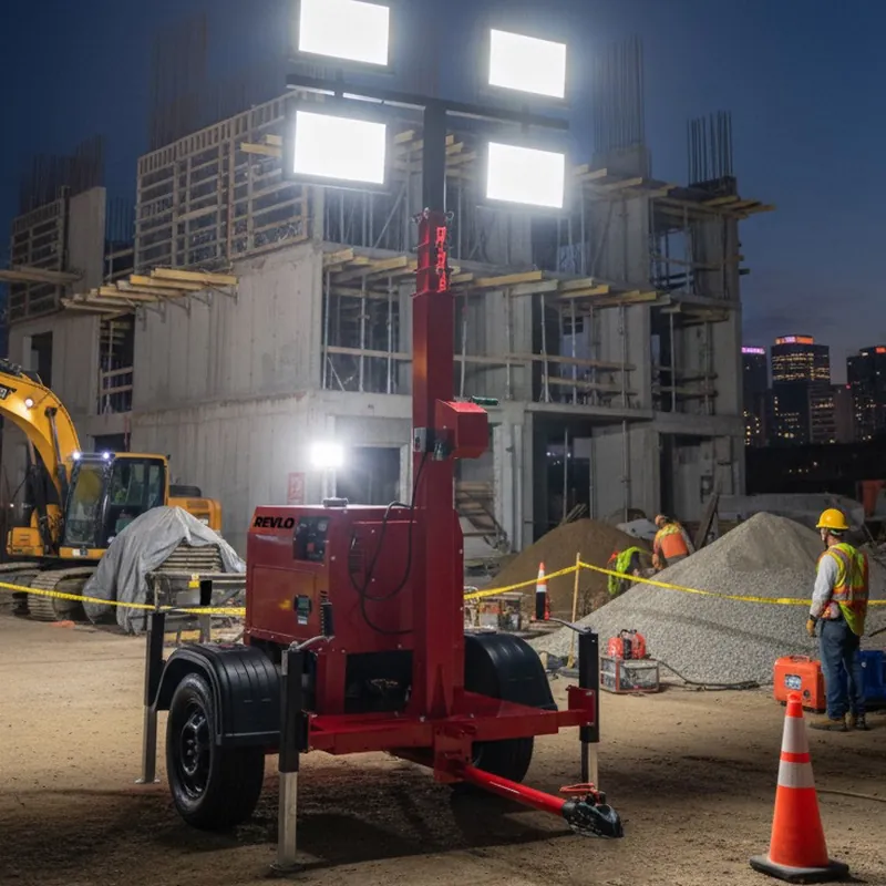 Torre de iluminação em obra, com equipe trabalhando ao fundo